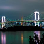Tokyo skyline with Tokyo tower and rainbow bridge. Tokyo, Japan.
